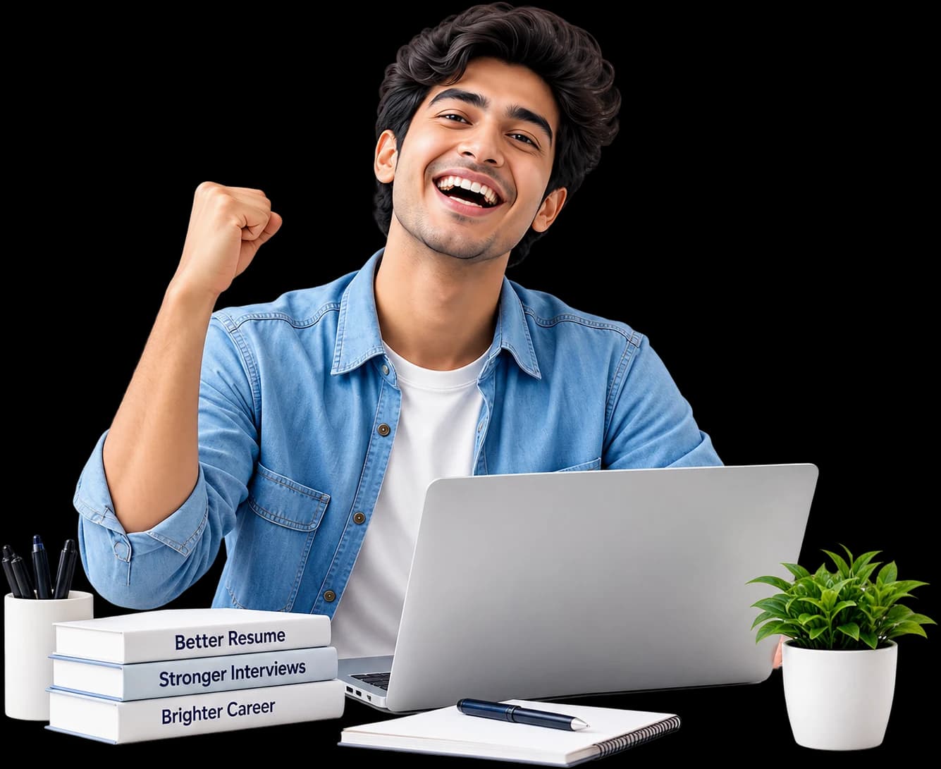 Candidate celebrating interview success at a desk with InterviewTrix